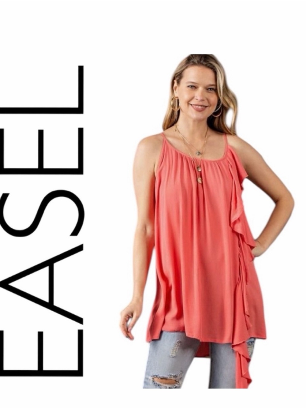easel Coral One-Shoulder Asymmetrical Ruffle Dress
